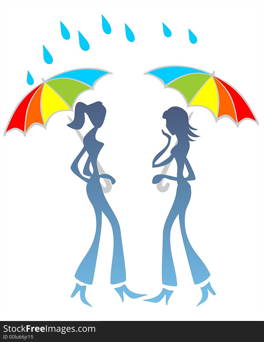 Two stylized girls under umbrellas talk under a rain. Two stylized girls under umbrellas talk under a rain.