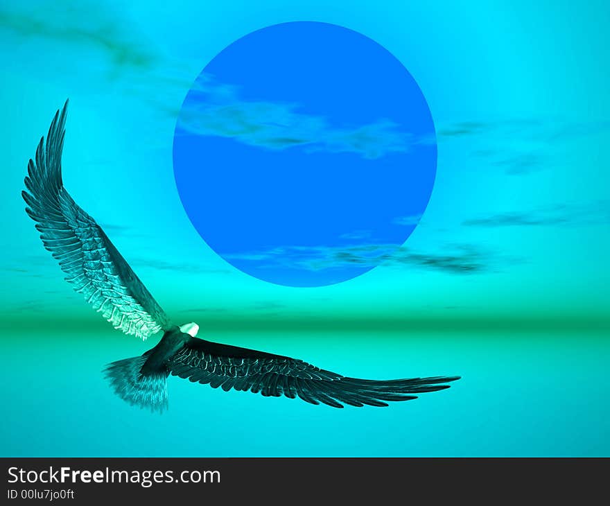 Eagle flying towards the sun in this blue illustration. Eagle flying towards the sun in this blue illustration