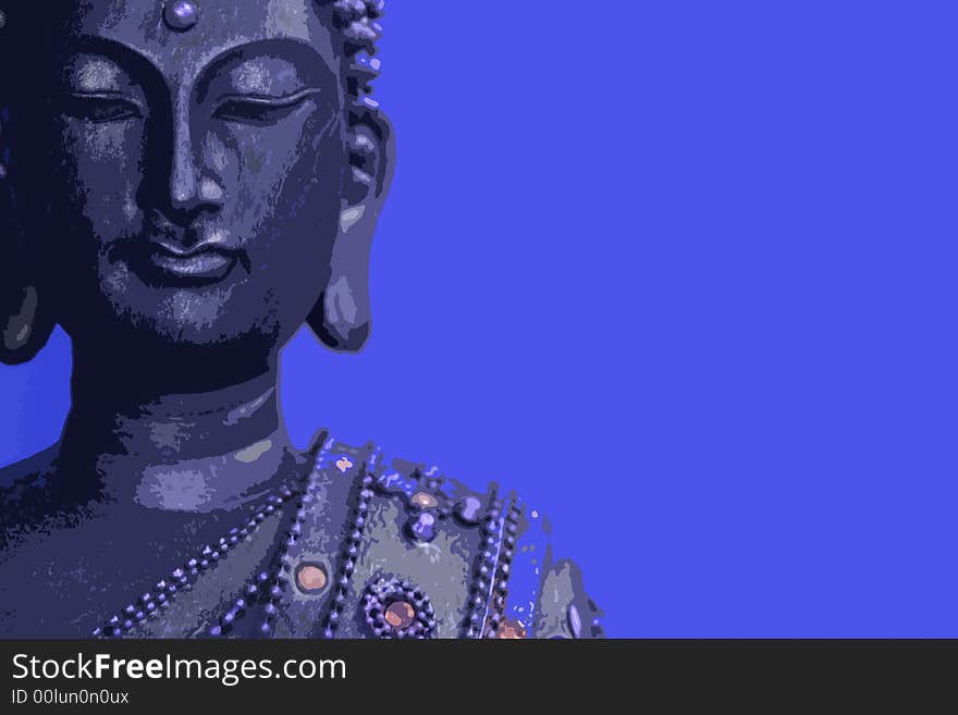 Close up of a buddha statue head with blue background,illustration