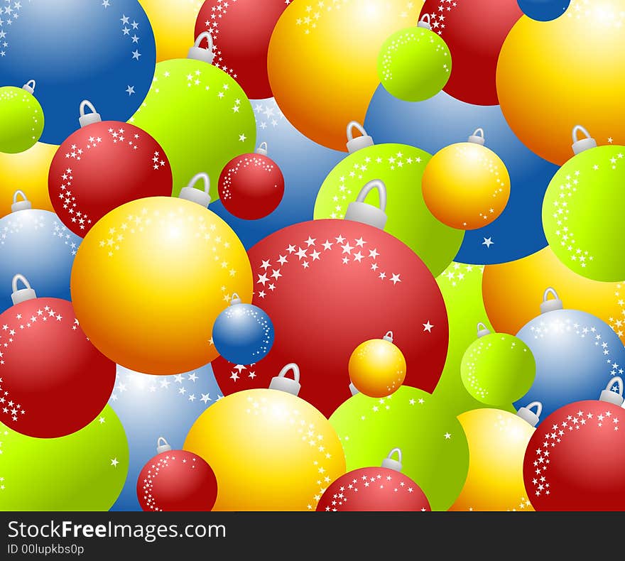 A background illustration featuring piles of various Christmas ornaments in bright colors decorated with little white stars. A background illustration featuring piles of various Christmas ornaments in bright colors decorated with little white stars