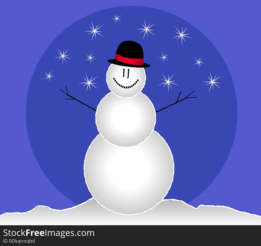 A clip art illustration of a snowman wearing a black and red hat, simple facial features and stick arms, set against blue two-tone blue background and shining stars or snowflakes. A clip art illustration of a snowman wearing a black and red hat, simple facial features and stick arms, set against blue two-tone blue background and shining stars or snowflakes