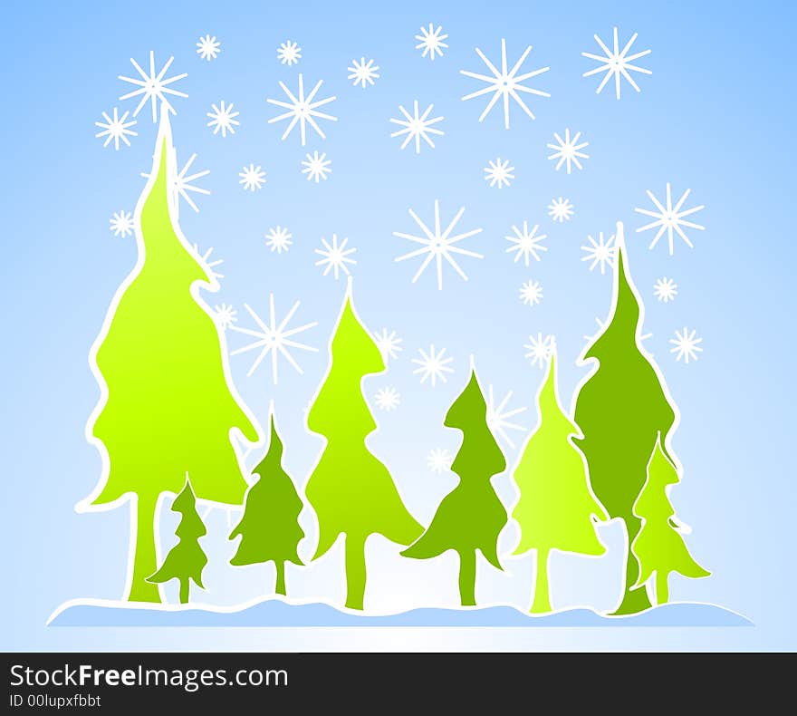 A clip art illustration of abstract looking Christmas trees with snowflakes falling set against blue background. A clip art illustration of abstract looking Christmas trees with snowflakes falling set against blue background