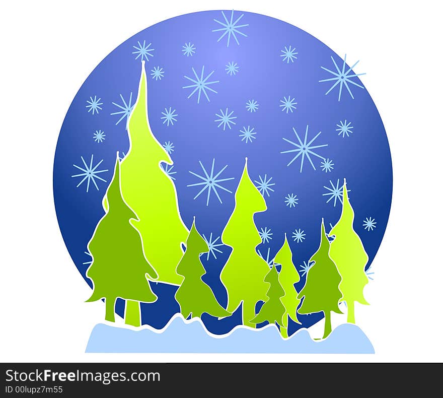 A clip art illustration of abstract looking Christmas trees with snowflakes falling set against blue background at night. A clip art illustration of abstract looking Christmas trees with snowflakes falling set against blue background at night