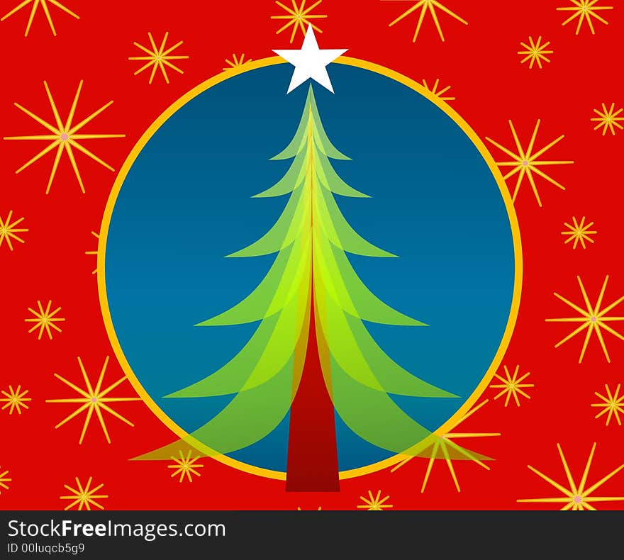 A clip art illustration of a green opaque Christmas tree set against blue and red background with stars. A clip art illustration of a green opaque Christmas tree set against blue and red background with stars