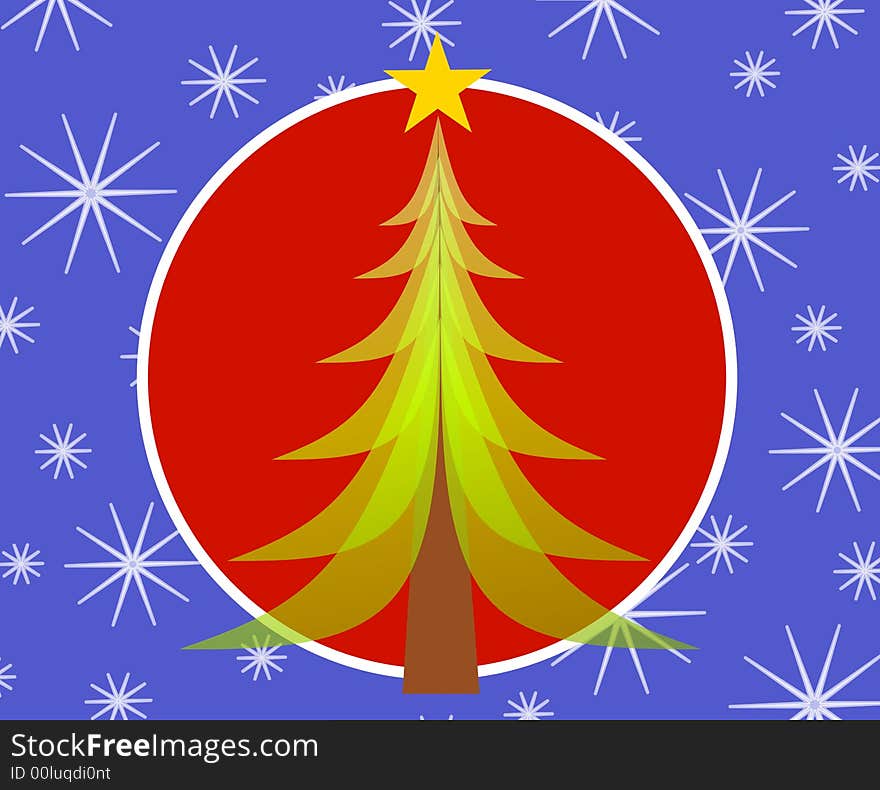 A clip art illustration of a green opaque Christmas tree set against blue and red background with stars. A clip art illustration of a green opaque Christmas tree set against blue and red background with stars