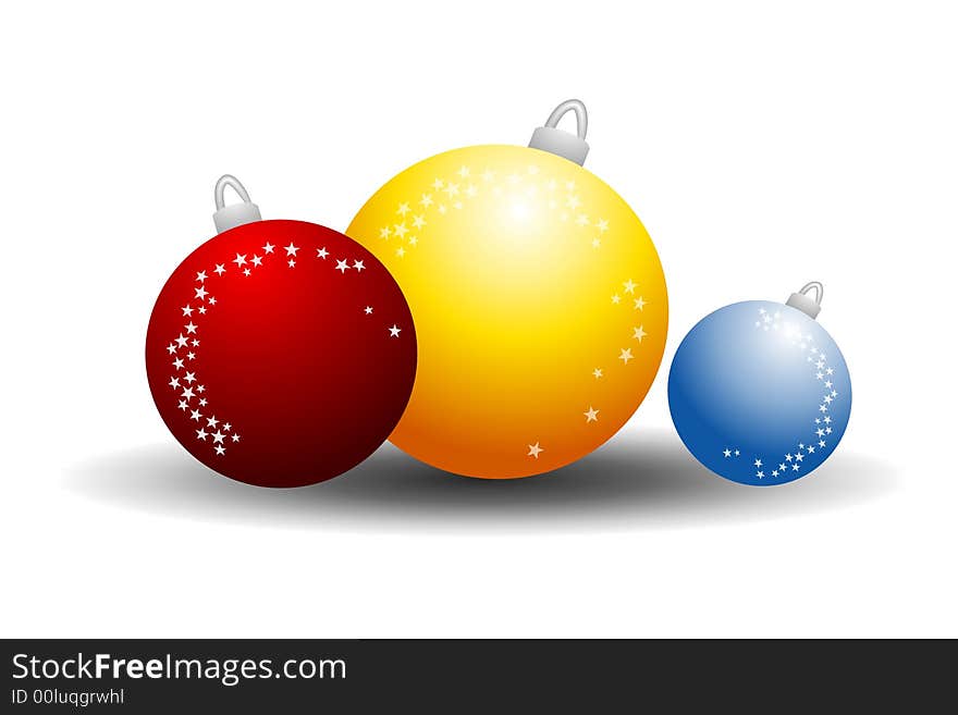 A clip art illustration of 3 Christmas ornaments in bold colors with shadow effect isolated on white background. A clip art illustration of 3 Christmas ornaments in bold colors with shadow effect isolated on white background