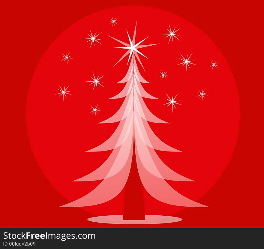 A clip art illustration of a white opaque Christmas tree set against red background with stars. A clip art illustration of a white opaque Christmas tree set against red background with stars