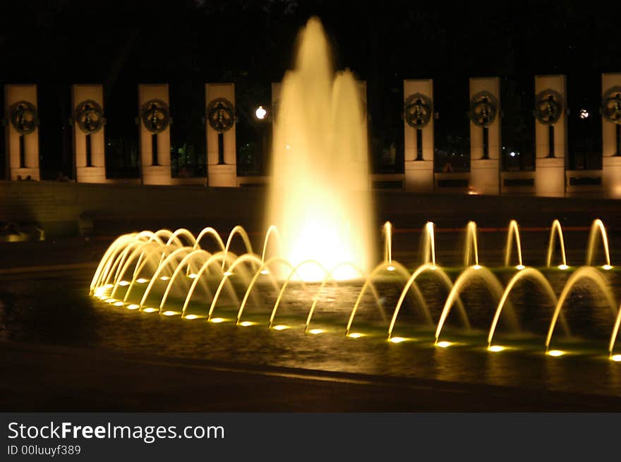 The World War Two memorial at night in Washington DC. The World War Two memorial at night in Washington DC