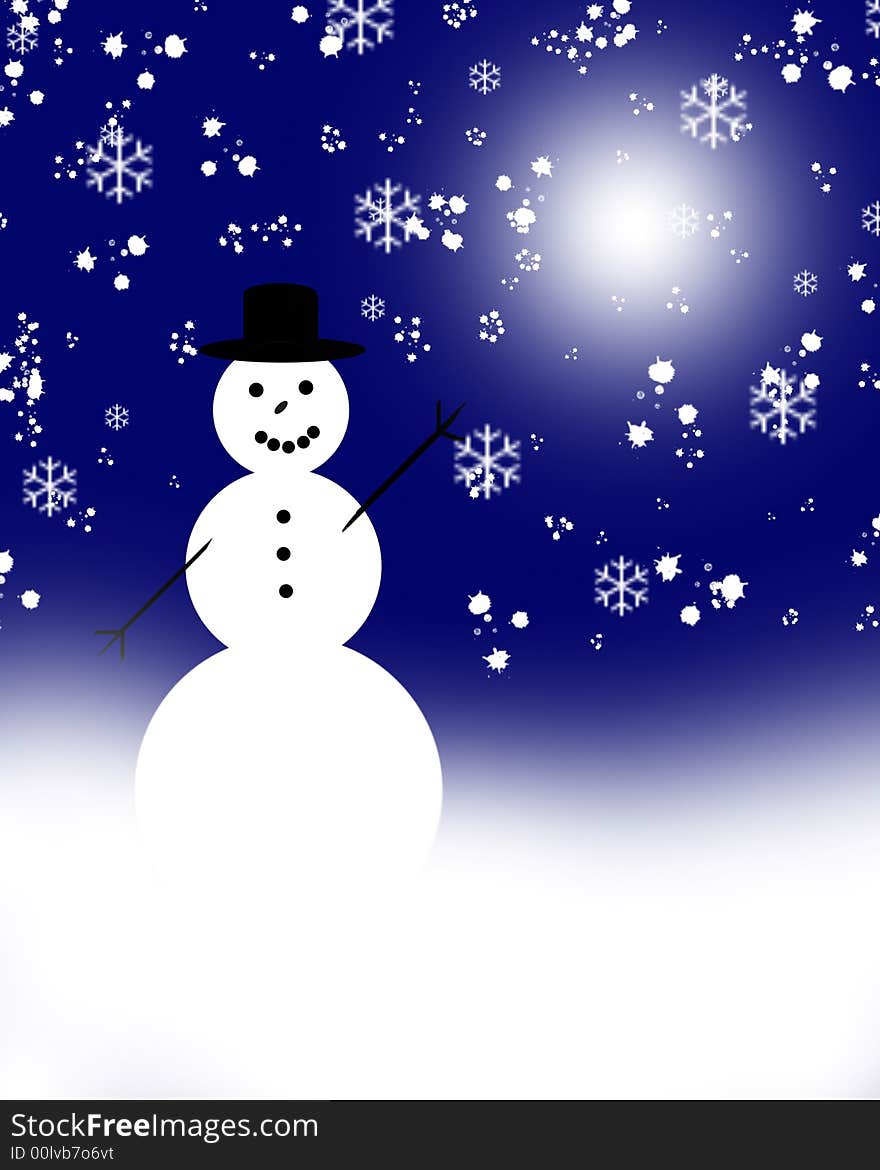 A happy snowman in front of a snow dark blue sky. A happy snowman in front of a snow dark blue sky.