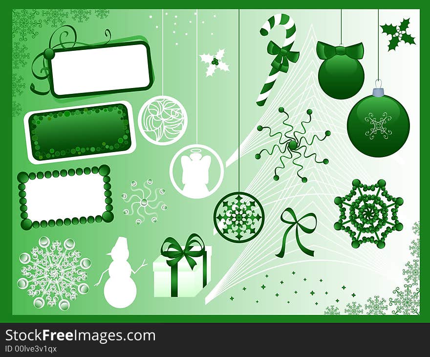 Christmas symbols. Green and white. Christmas symbols. Green and white.