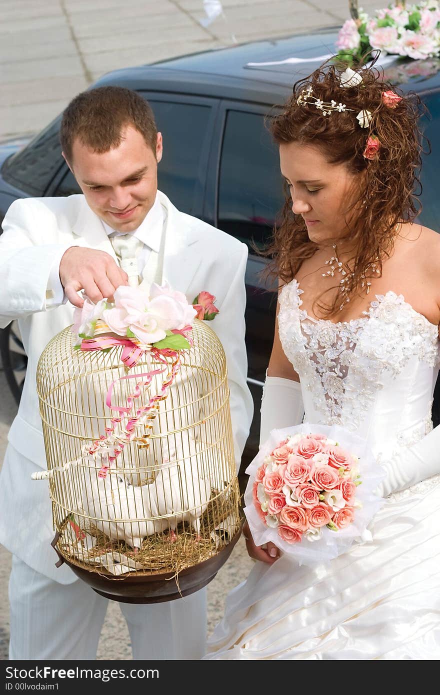 Young couple in wedding wear with bouquet of roses and pigeons. Young couple in wedding wear with bouquet of roses and pigeons.