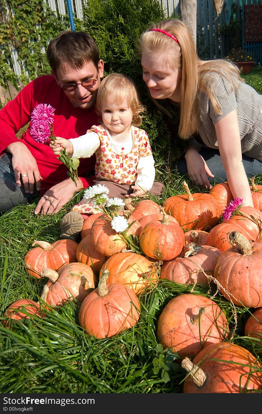 Little girl and her parents in a field of pumpkins. Little girl and her parents in a field of pumpkins