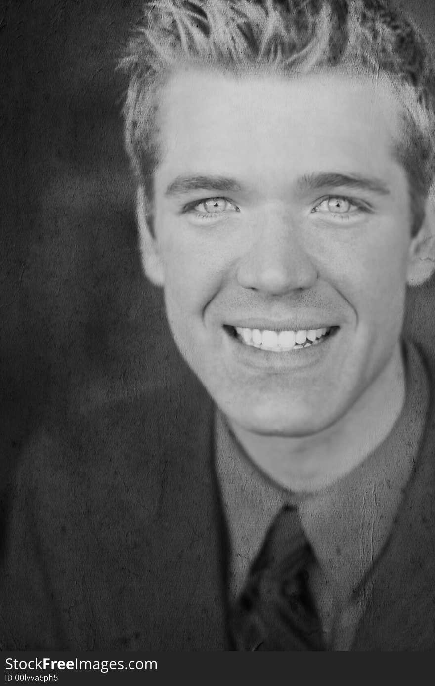 Black and White portrait of one smiling business man in full suit - old look processed image. Black and White portrait of one smiling business man in full suit - old look processed image