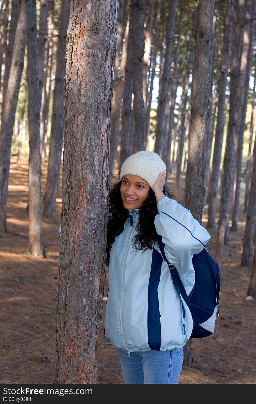 Beautiful winter girl in blue jacket