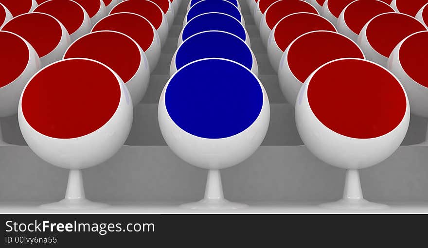 3d rendering illustration of red and blue chairs.