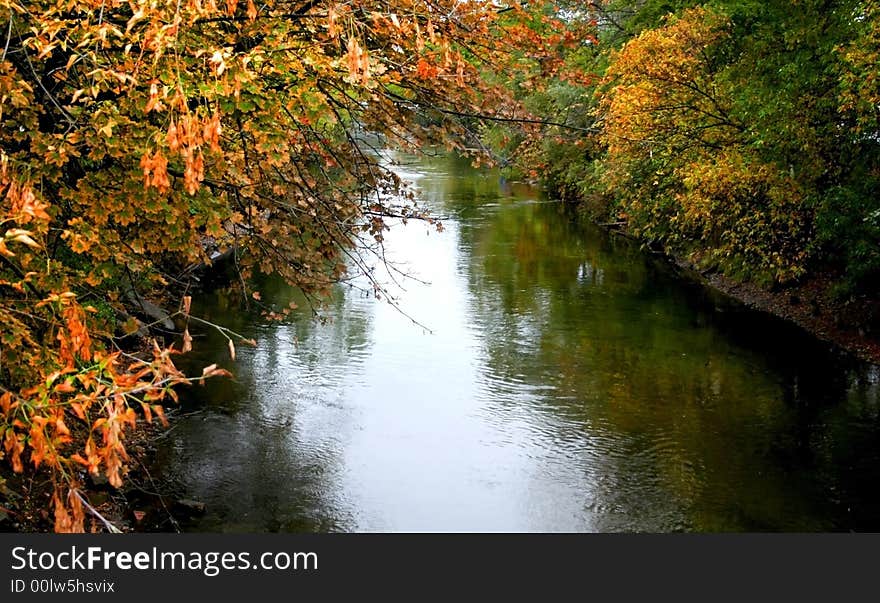 Canal passing through colorful trees during autumn time