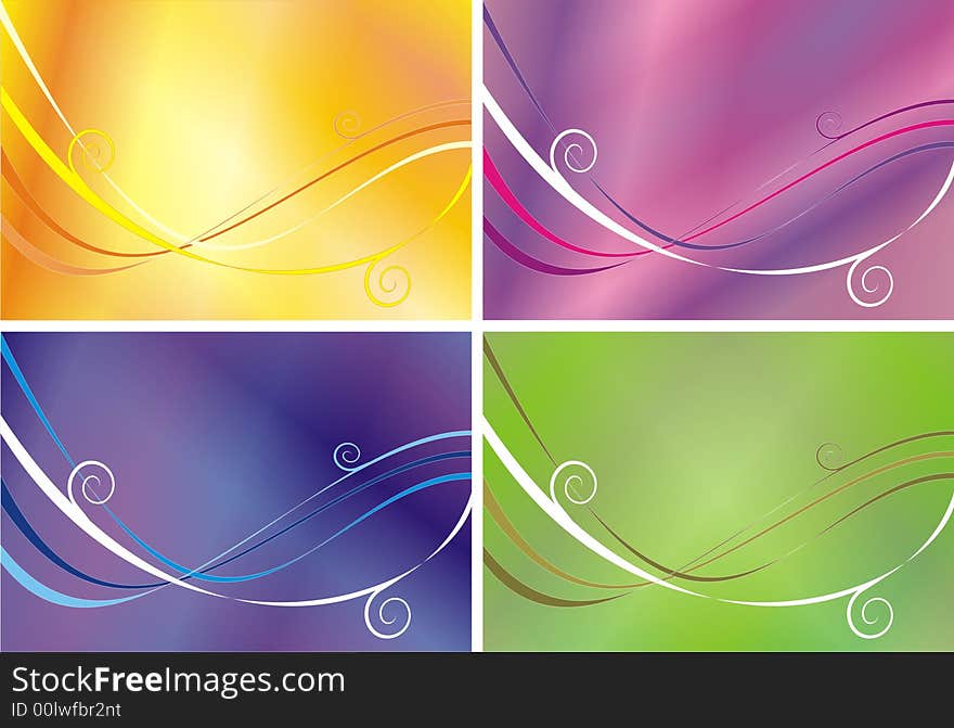 Four variants of a pattern from lines and waves of different color on orange, pink, green and a blue background. Four variants of a pattern from lines and waves of different color on orange, pink, green and a blue background