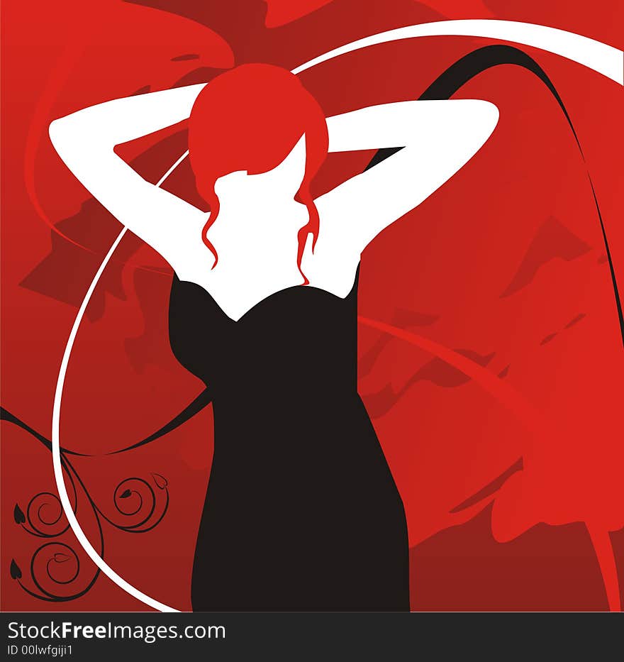 Figure of the girl in a black dress on a red background with red and white waves