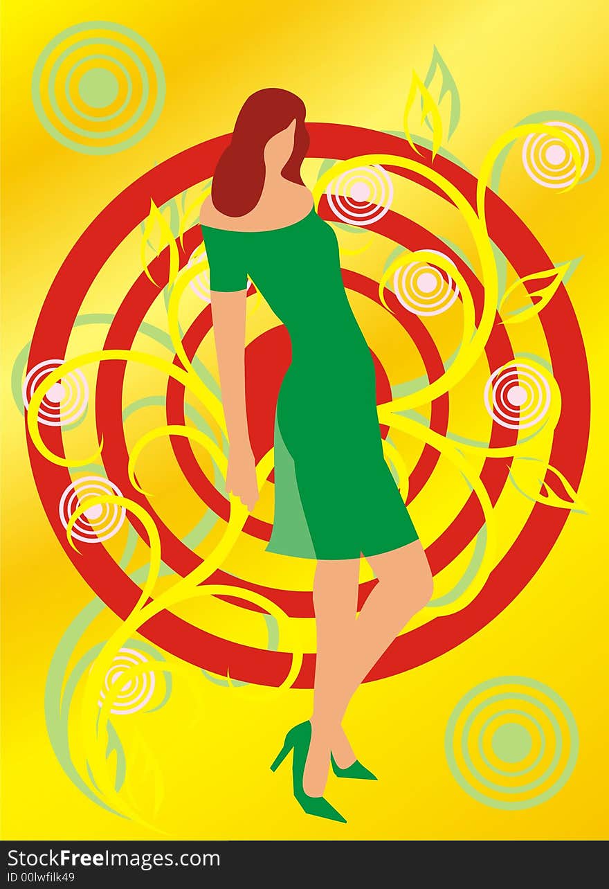 Figure of the girl in a green dress on a yellow background with a green and red pattern