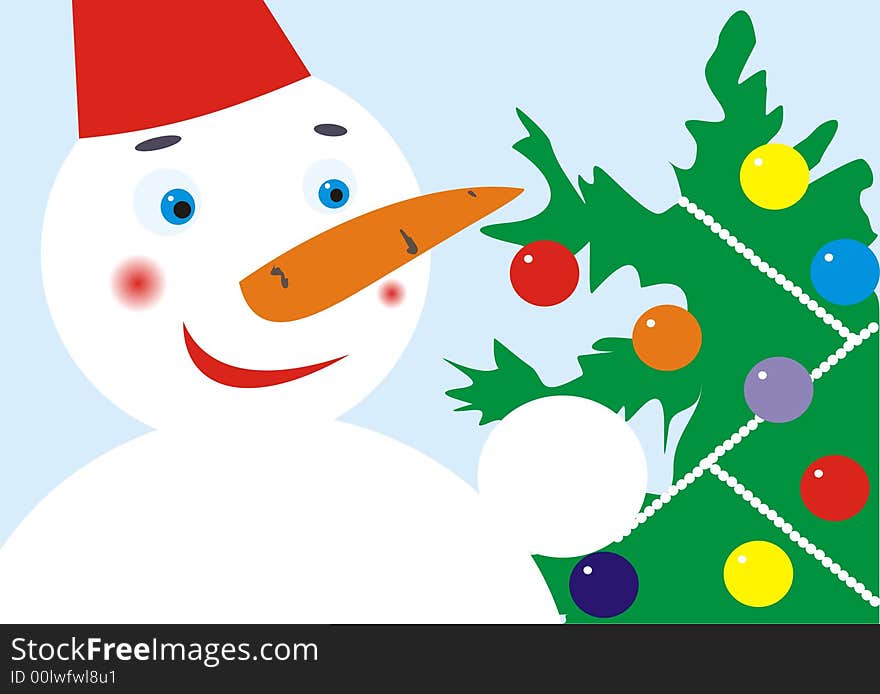 Figure of snowmen about the christmas fur-tree decorated by spheres on a blue background. Figure of snowmen about the christmas fur-tree decorated by spheres on a blue background