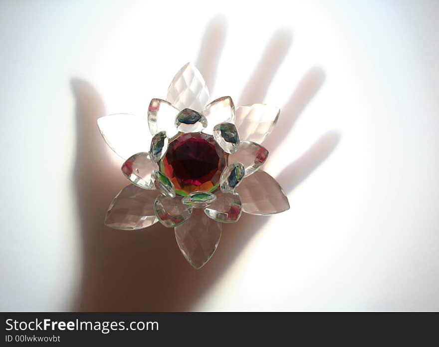 Hand and flower made of glass are lit from bottom