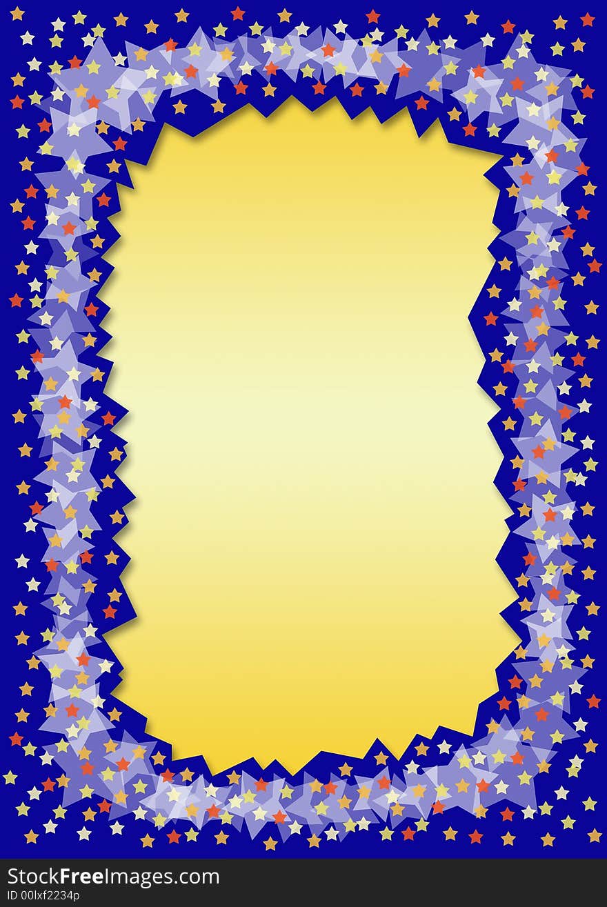 Blue frame with a border out of many little stars in different colors and a gradient jagged  frame in the middle for filling with text. Blue frame with a border out of many little stars in different colors and a gradient jagged  frame in the middle for filling with text