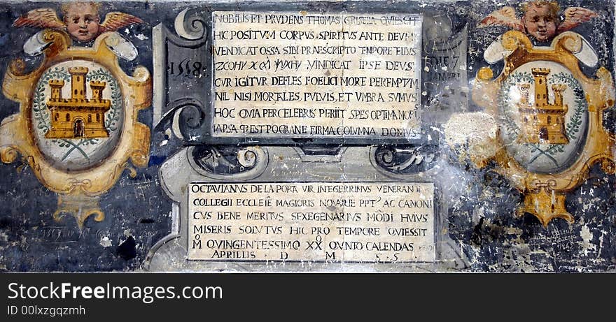 Latin inscription on a wall in the Vezzolano Abbey, (11th Century). Asti, Piedmont, Italy