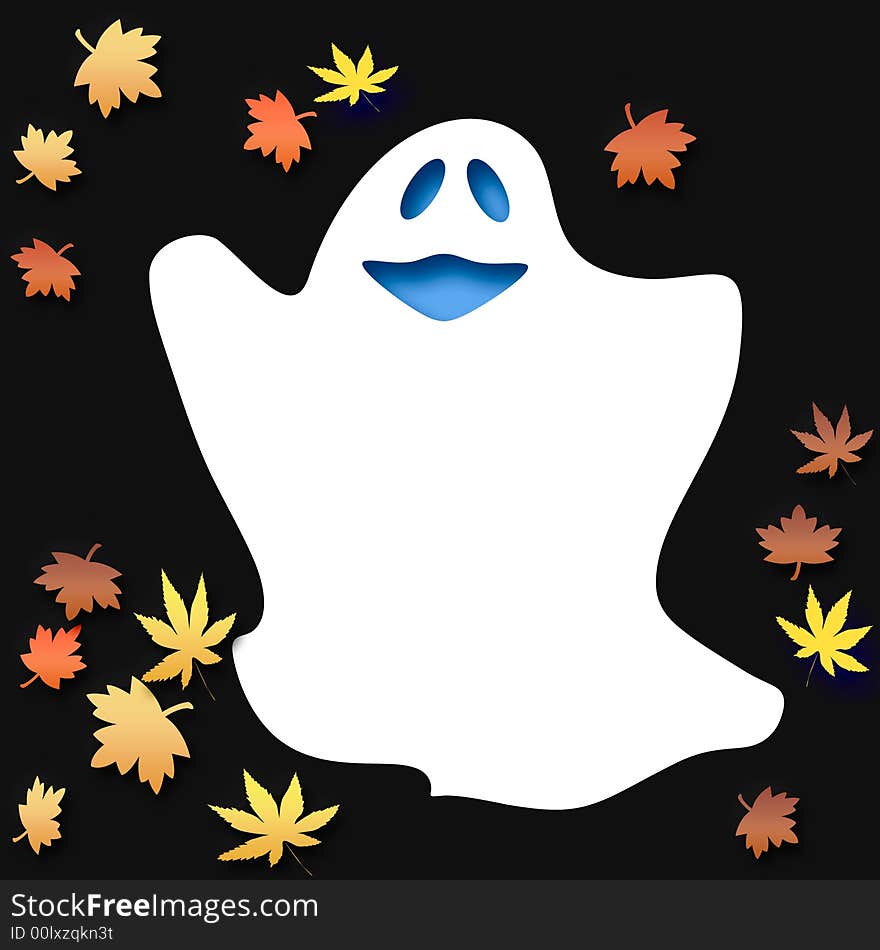 Friendly Halloween 3d ghost with colorful autumn leaves. Friendly Halloween 3d ghost with colorful autumn leaves