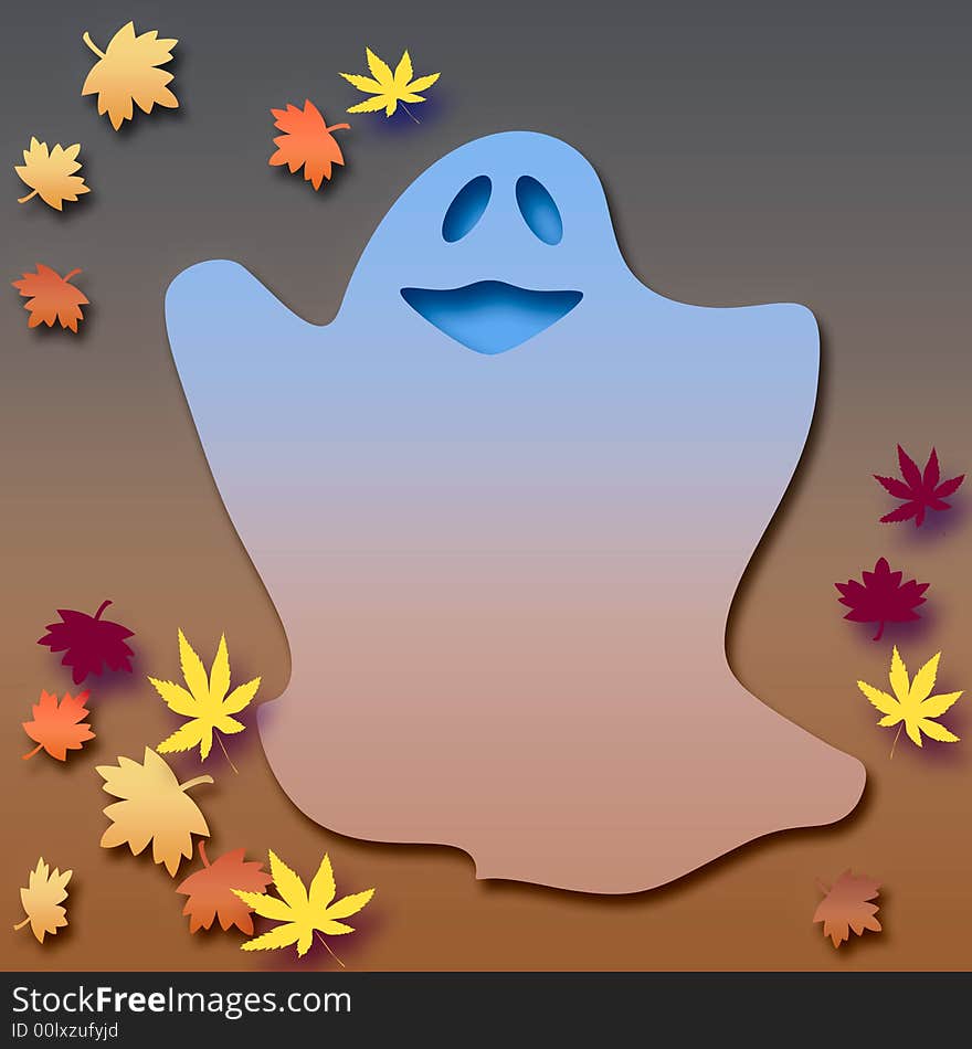 Friendly Halloween 3d ghost with colorful autumn leaves. Friendly Halloween 3d ghost with colorful autumn leaves