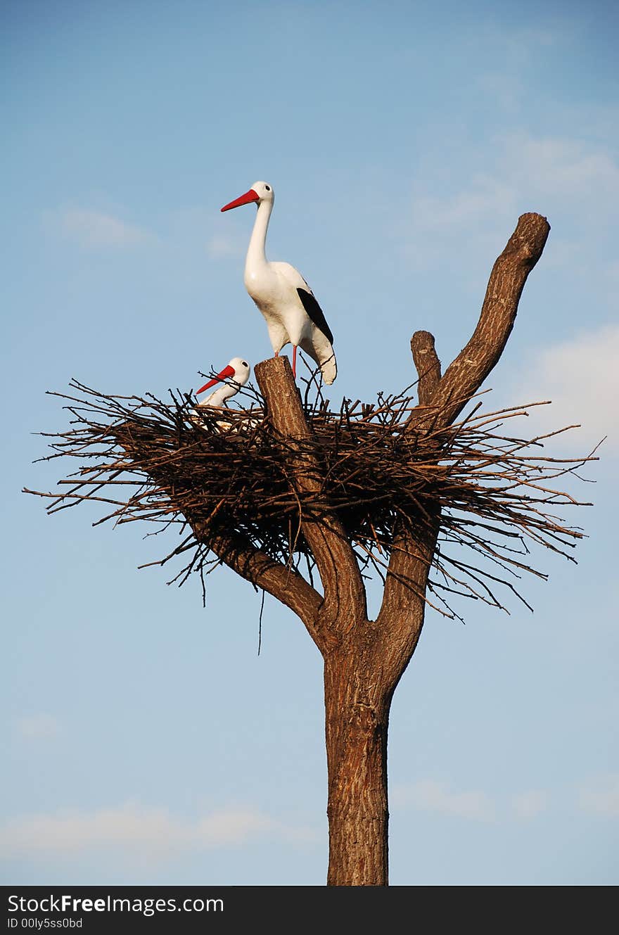 Couple of storks in the nest on sky background is symbol of family happiness