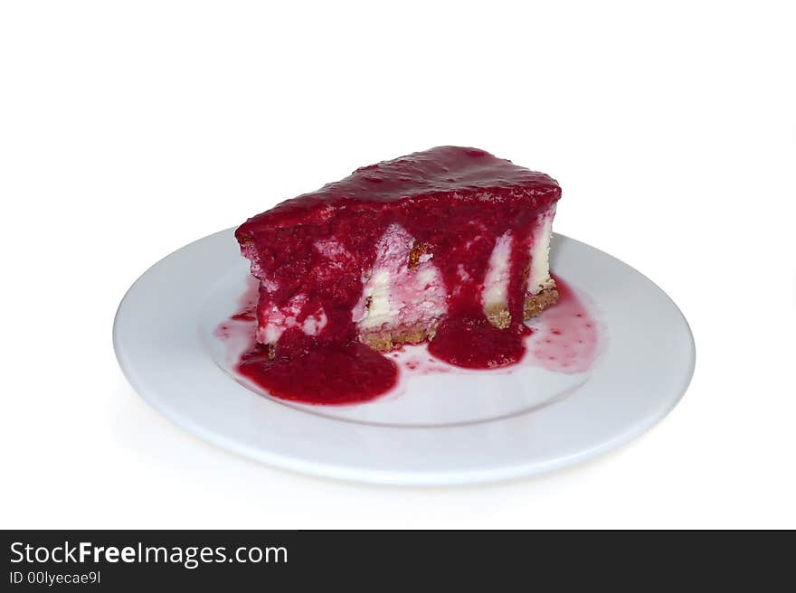 Delicious strawberry cheese cake on white plate. Delicious strawberry cheese cake on white plate