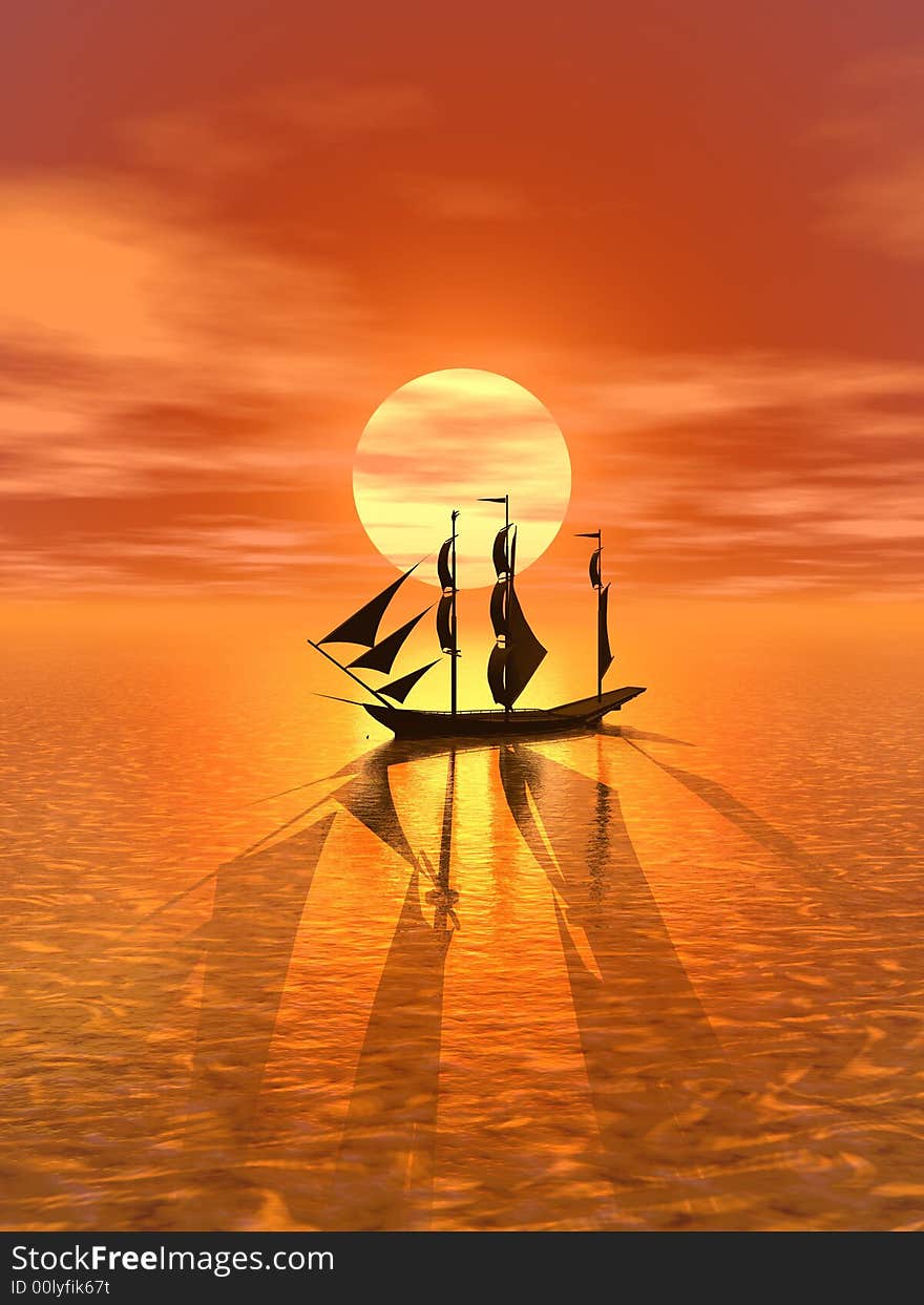 Small boat and  sunset  sky - 3d landscape scene .