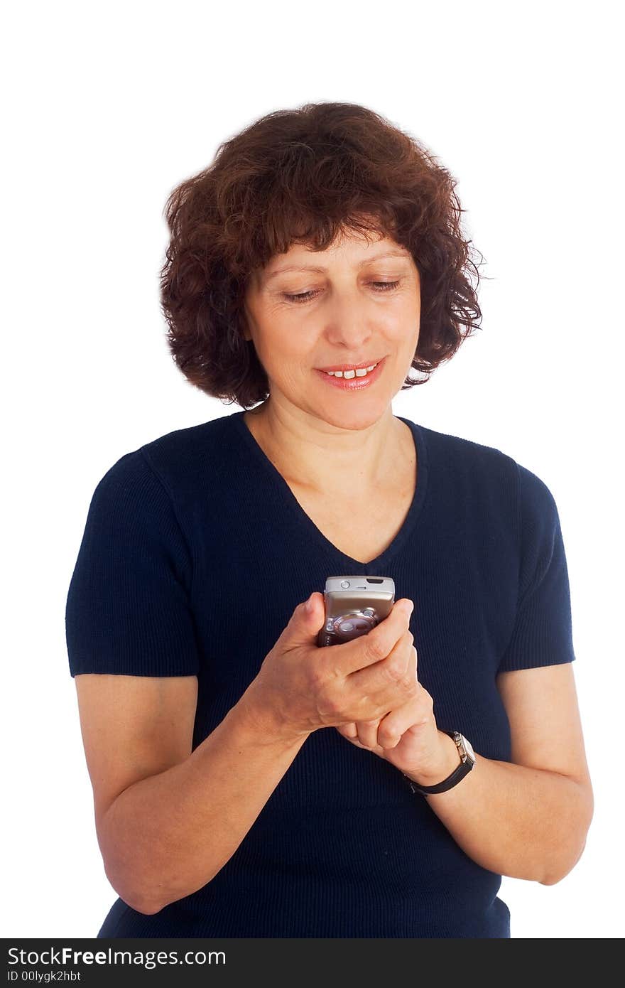 Older woman holding mobilephone isolated. Older woman holding mobilephone isolated