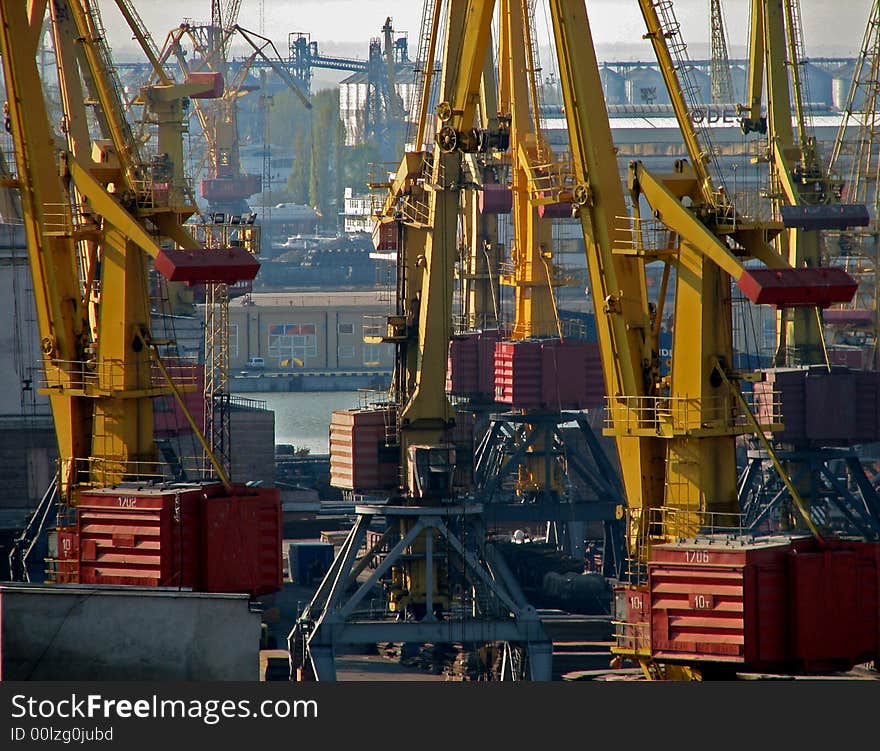 Lifting cranes in Odessa cargo port. Ukraine.