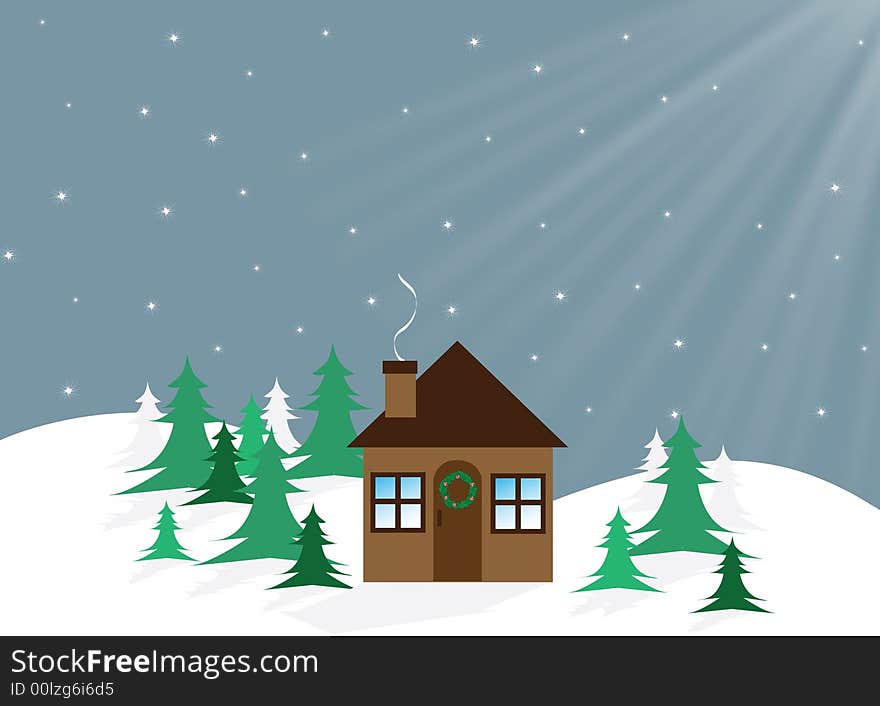 Graphic illustration of house with christmas wreath and christmas trees against a snowy background. Graphic illustration of house with christmas wreath and christmas trees against a snowy background.