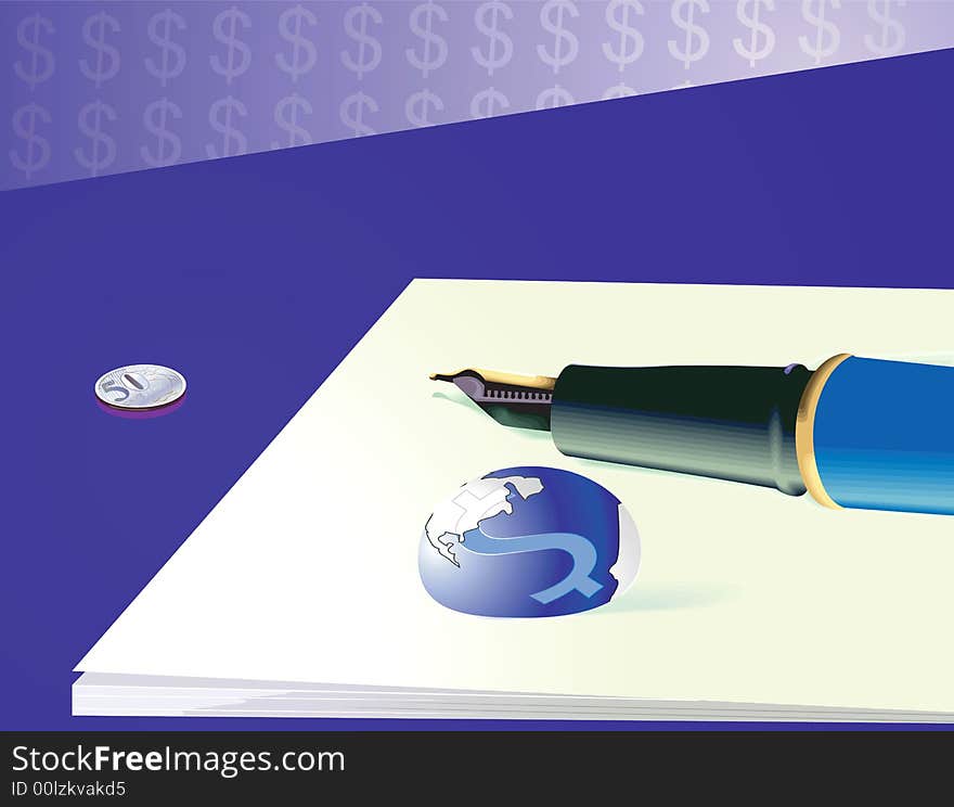 A fountain pen and  paper weight with dollar signs on paper. A fountain pen and  paper weight with dollar signs on paper