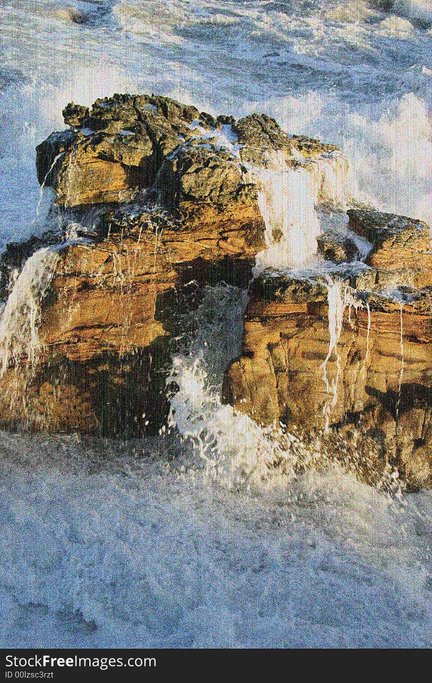 Waves bubbling round rocky outcrop with added grain. Waves bubbling round rocky outcrop with added grain