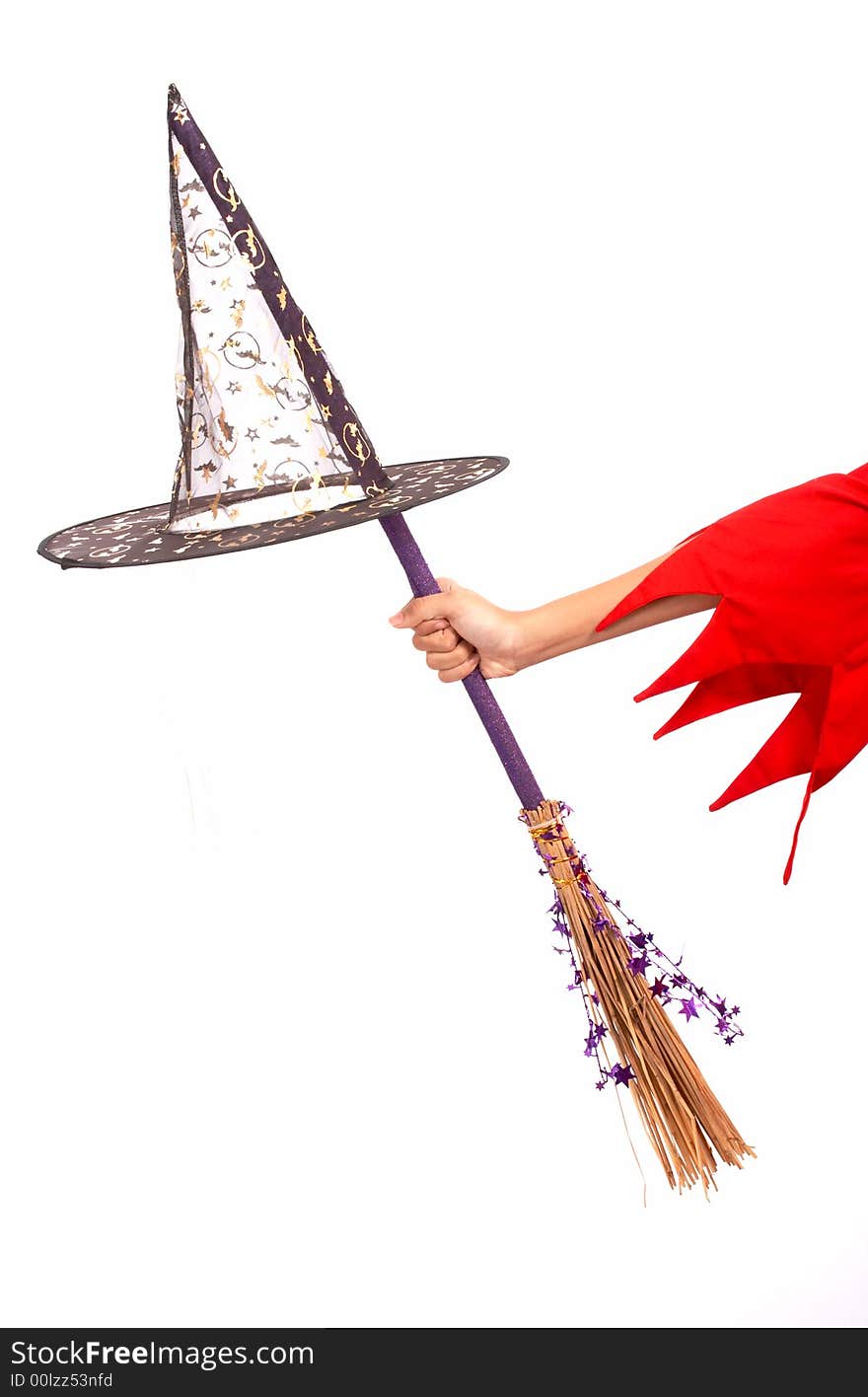 A witch hat and a broomstick over a white background