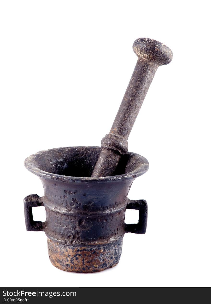 Old mortar and pestle on white backround