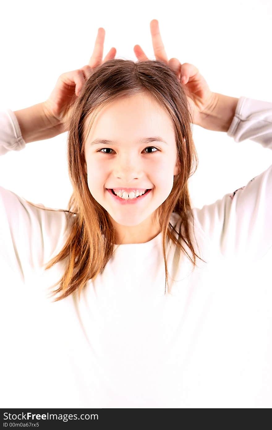 Girl in white background with horns. Girl in white background with horns