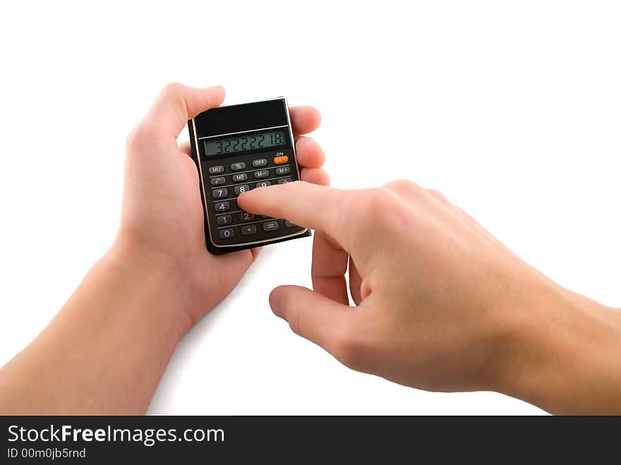 Calculator in hands, isolated white. Calculator in hands, isolated white