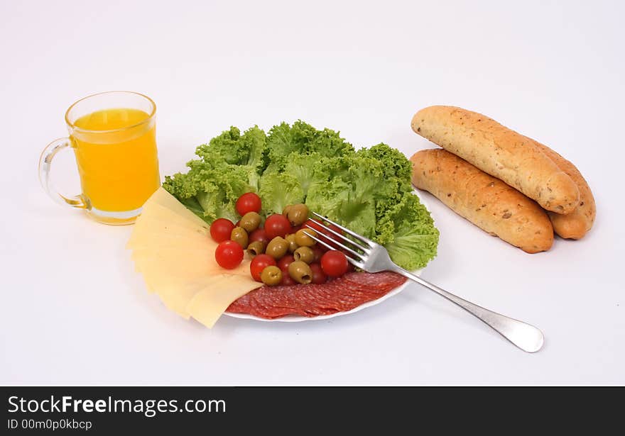 Healthly dinner  with juice on the white background