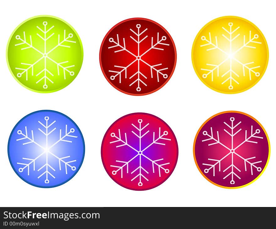 A clip art illustration of your choice of 6 circular icons featuring snowflakes and bright colors. A clip art illustration of your choice of 6 circular icons featuring snowflakes and bright colors