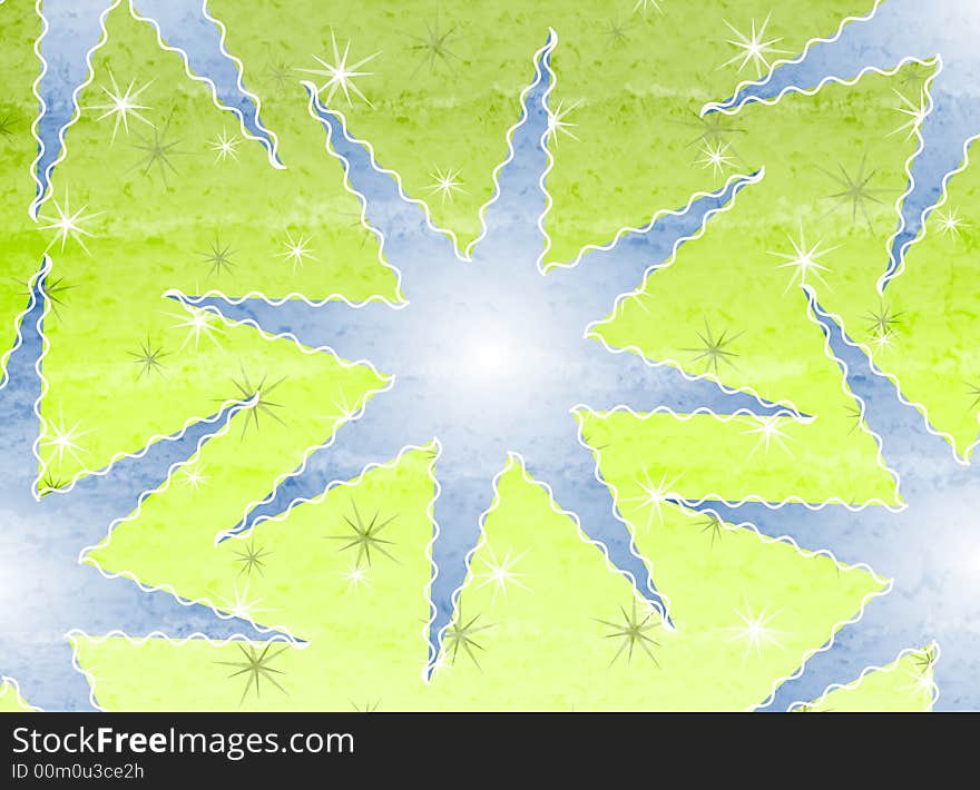 A retro background illustration featuring a collage of decorative Christmas stars and snowflakes in green and blue. A retro background illustration featuring a collage of decorative Christmas stars and snowflakes in green and blue