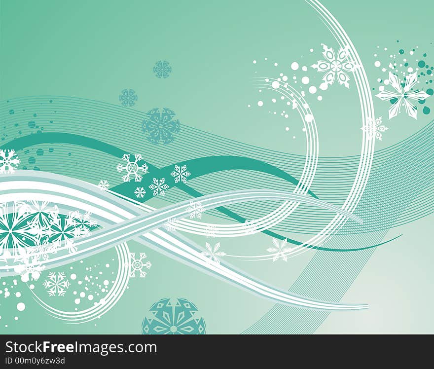 Abstract winter background with snowflakes and waves,  illustration in green and white colors.