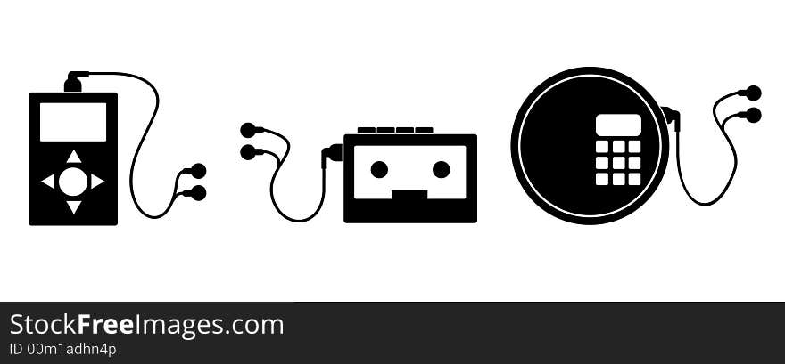 Vector art of icons of MP3, cd player and cassette player