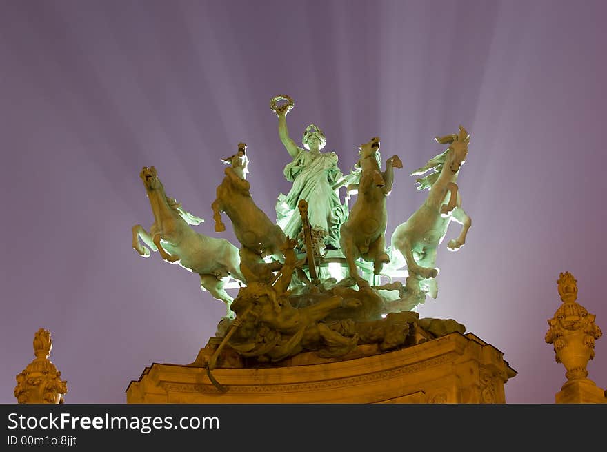 Monument on top of the Grand Palais in Paris at night. Monument on top of the Grand Palais in Paris at night