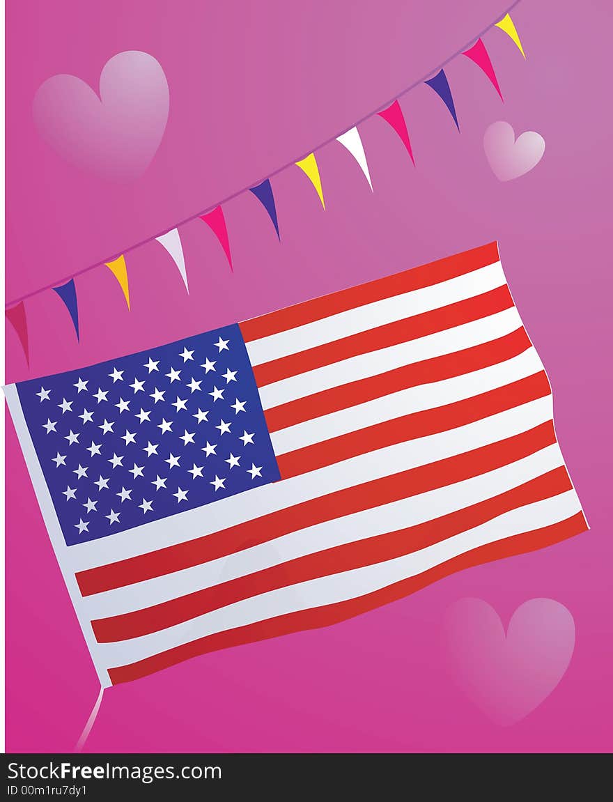 Flag of USA in celebration with backgrounds of hearts