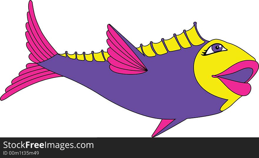 A brightly colored, pink, purple and yellow cartoon fish with big lips and a smile. A brightly colored, pink, purple and yellow cartoon fish with big lips and a smile.