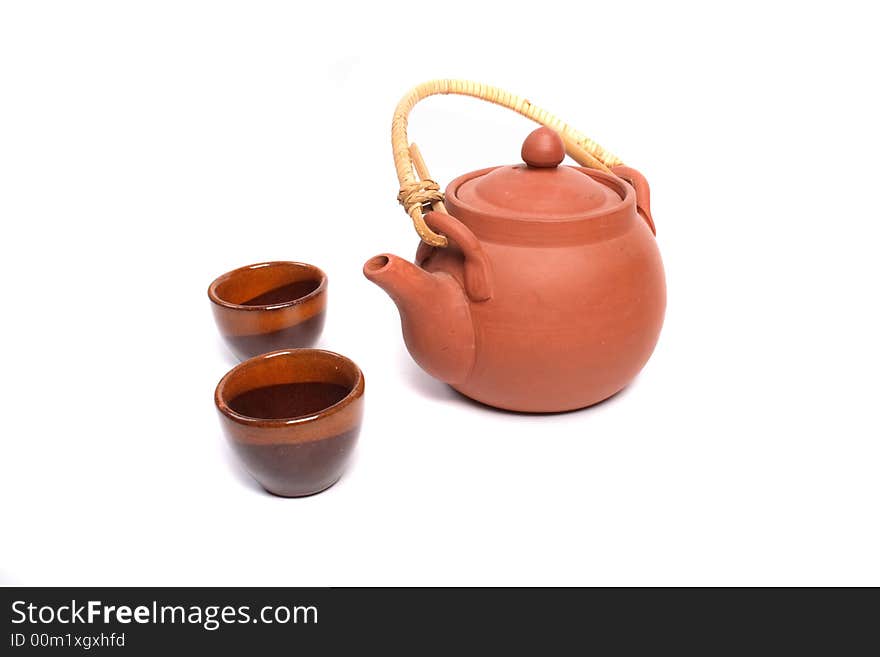 Brown tea set on the white background